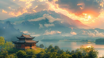 Obraz premium Stunning mountain landscape with a traditional wooden pavilion by a serene lake under a dramatic sky, perfect for themes of travel, tranquility, and nature,
