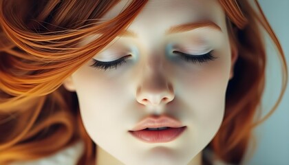 full face of a woman with closed eyes and long hair flowing freely, against a white background