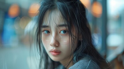 A close-up portrait of a young woman with wet hair and a contemplative expression, set against a blurred background with bokeh lights, perfect for use in emotional storytelling, lifestyle blogs