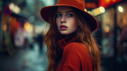 arafed woman with red hat and red coat in a city
