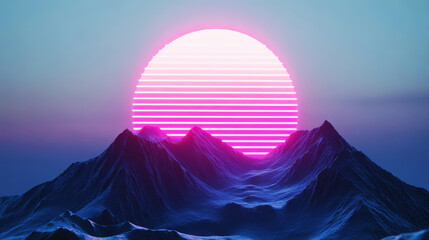 synthwave sun with glowing stripes, floating above an ice-covered mountain range. The neon pink and blue colors create a vibrant contrast against the dark background