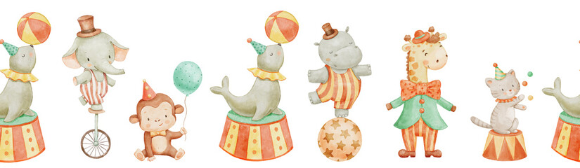 Seamless border with watercolor cute circus animals. Childish hand drawn background with funny hippo, elephant and monkey.