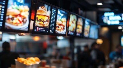 A bustling fast food restaurant showcases vibrant digital menu boards featuring burgers and sides while customers place orders.