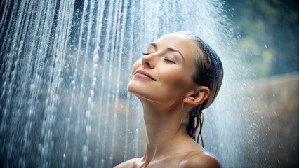 Fototapeta premium Relaxed female figure standing under refreshing waterfall showerhead, surrounded by steam, with closed eyes and gentle smile, exuding serenity and contentment.