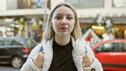 Portrait of a stylish young woman in a chic coat posing confidently outdoors on a bustling city street.