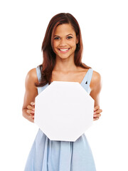 Happy woman, portrait and shape with sign for advertising, marketing or symbol on a white studio...