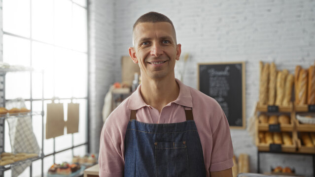 Young man in a bakery wearing an apron standing indoors with bread in the background showcasing a welcoming smile
