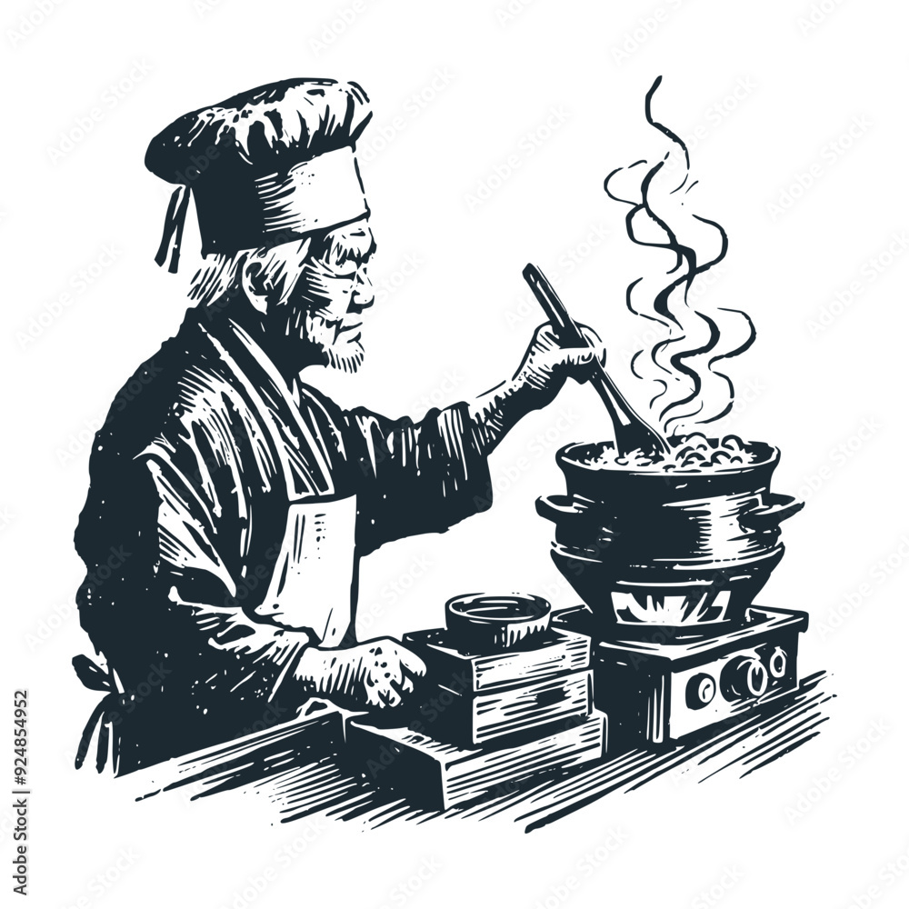 Wall mural the chinese traditional kitchen. black white vector illustration.