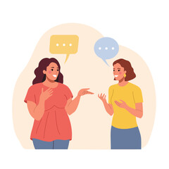 Girls friends talking, gossiping, whispering secrets, telling news. Flat style cartoon vector illustration.