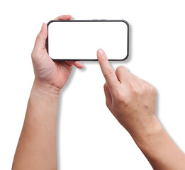 Hand holding smartphone and touch at the screen for scrolling the application. Background cutout mobile phone with transparent screen for application mockup.