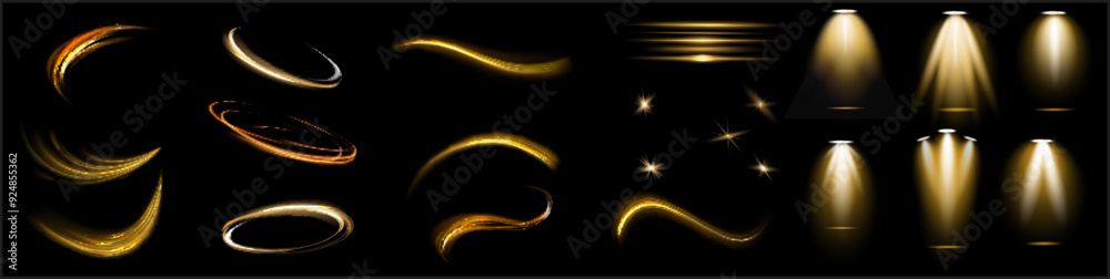 Wall mural neon swirl yellow. curve blue line light effect. abstract ring background with glowing swirling back