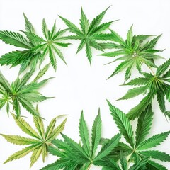 Lush beautiful cannabis leaves placed in the center of the image, white background