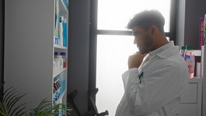 Fototapeta premium Hispanic man in a pharmacy wearing a white lab coat, attentively examining shelves of medications and health products under natural indoor lighting.