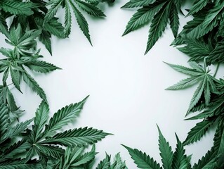 lush beautiful cannabis leaves placed in the center of the image, white background, high detailed professional photo