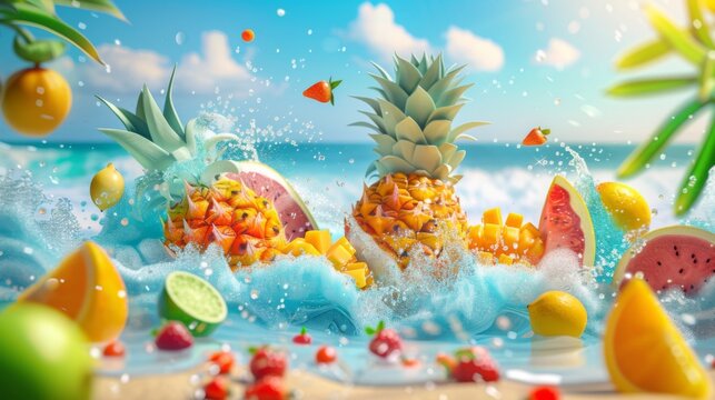 An artistic depiction of tropical fruits such as pineapples and mangoes splashing into ocean waves against a sunny beach backdrop, inducing a refreshing and vibrant summer feel.