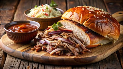 Savory slow-cooked pork and brisket fusion, tenderly pulled apart, served with tangy barbecue sauce and crunchy coleslaw on a rustic wooden board.