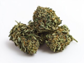 lush beautiful cannabis placed in the center of the image, white background, high detailed professional photo