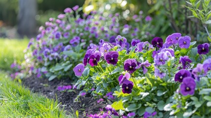 Fototapeta premium Lilac pansies bloom beautifully in a spring flower bed