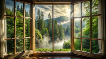 Serene morning scene of a tranquil room with a beautifully designed window looking out to a lush green forest with misty fog rolling in slowly.