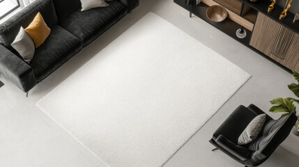 Rug mockup, top view of a round white rug on a grey concrete floor in a modern home interior with a sofa, high-angle shot