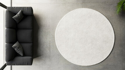 Rug mockup, top view of a round white rug on a grey concrete floor in a modern home interior with a sofa, high-angle shot