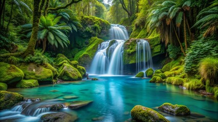 Serene turquoise waterfall cascades down moss-covered rocks in a lush, green forest, surrounded by ferns and mist, in a tranquil New Zealand wilderness setting.