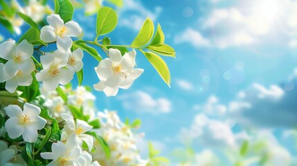 Jasmine flowers on blue sky background for design purposes