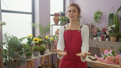 Caucasian woman in apron presenting colorful flowers inside a vibrant flower shop interior.