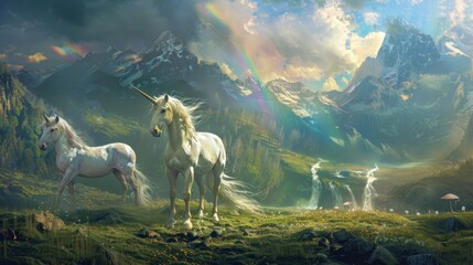 Enchanting Unicorns and Rainbows in a Fantasy Landscape Wallpaper