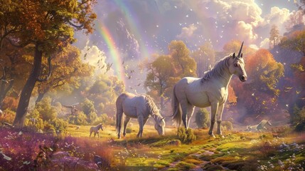 Enchanting Unicorns and Rainbows in a Fantasy Landscape Wallpaper