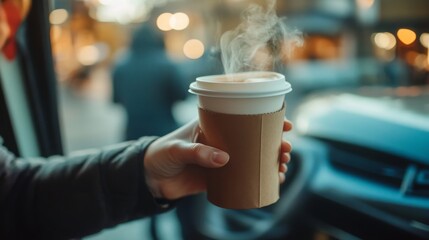 A person is enjoying a hot cup of coffee while walking through a bustling city street filled with warm lights.