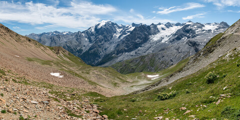 Fototapeta premium Panorama of the Ortler Alps near Stelvo Pass on a sunny day in summer