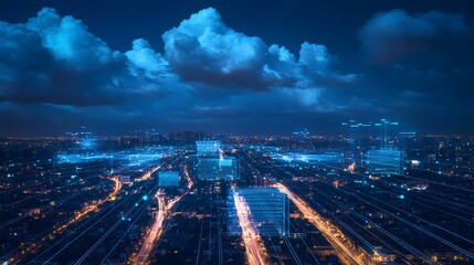 A man is looking at a computer screen with a lot of blue and red clouds. The clouds are all different shapes and sizes, and they are scattered all over the screen