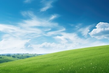 Obraz premium Lush Green Meadow Under Clear Blue Sky. Fluffy White Clouds on a Sunny Day Landscape Background