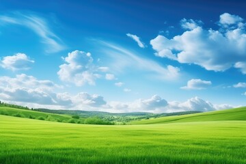 Fototapeta premium Lush Green Meadow Under Clear Blue Sky. Fluffy White Clouds on a Sunny Day Landscape Background