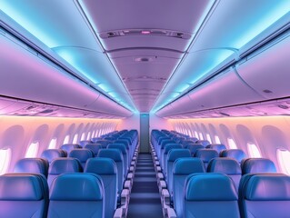 Empty Airplane Cabin Illuminated with Pink and Blue Lights, Modern Interior Design, Rows of Seats