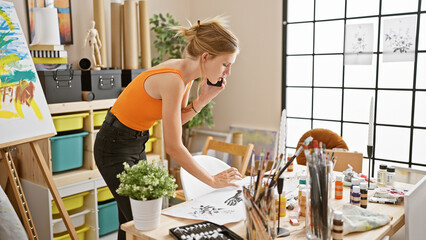 A young woman artist reviews artwork in a bright, well-organized studio, surrounded by paints and art supplies.
