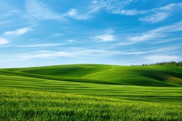 Lush Green Meadow Under Clear Blue Sky. Fluffy White Clouds on a Sunny Day Landscape Background