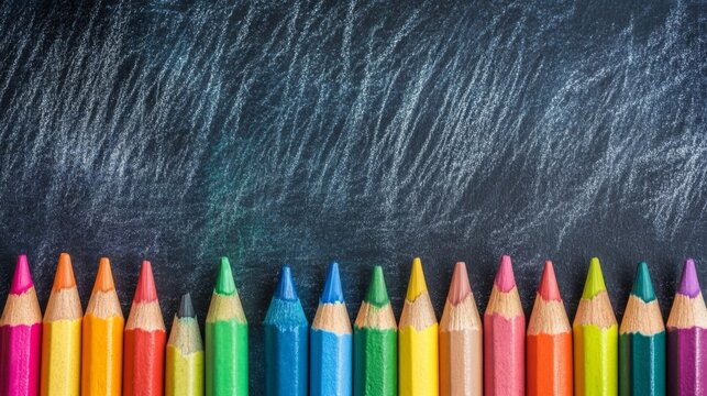 A vibrant collection of colored pencils arrayed in a row atop a chalkboard, highlighting the spectrum of hues available for artistic and educational purposes in a tidy, appealing manner.