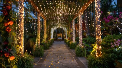 A stunning garden pathway adorned with glowing string lights, surrounded by lush greenery and colorful flowers, creating a magical, enchanting atmosphere at dusk.