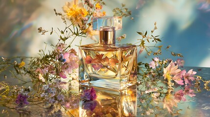 Fototapeta premium Perfume Bottle Surrounded by Flowers.