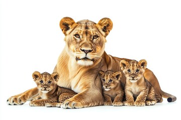 Two cubs of a female lion rest together in a white background