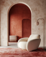 Armchair in Minimalist Japandi interior design, Scandinavian interior design of modern living room against arch stucco wall