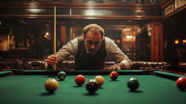 Professional snooker player looking and planning game on snooker competition match.