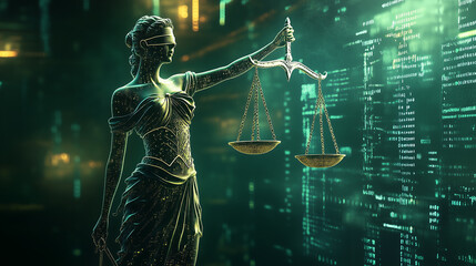 A digital depiction of Lady Justice holding scales with a binary code background symbolizing the law and technology.