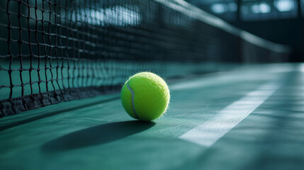 Close up of bright tennis ball on hard tennis court. Copy space