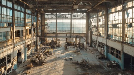 Fototapeta premium Abandoned Factory Interior with Broken Windows and Sunbeams Illuminating Dust and Debris