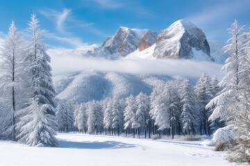 Winter forest over a blue sky