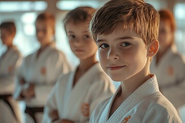 A group of kids in karate uniforms, standing in a row with focused expressions, ready for their training session in a bright dojo with padded mats on the floor 