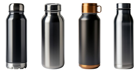 Set of black and silver metal water bottles isolated on a transparent background